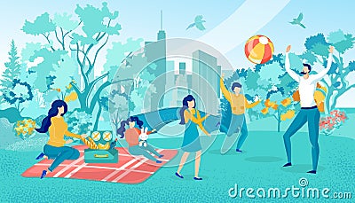 Happy Family on Picnic in City Park on Weekends Vector Illustration