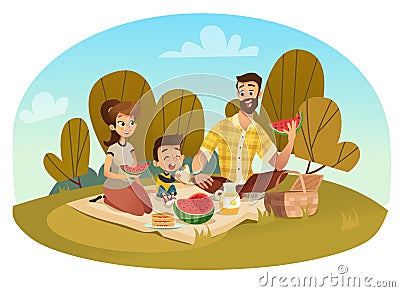 Happy family on a picnic. Dad, mom, son are resting in nature. Vector illustration in a flat style Vector Illustration