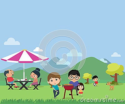 Happy family picnic in outdoor modern flat style vector illustra Vector Illustration