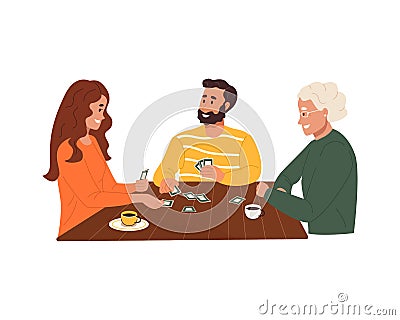 Happy family play cards games, sitting at table together Vector Illustration