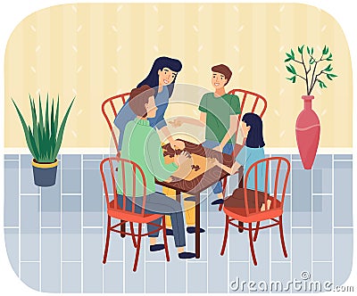 Happy family playing at home together. Puzzle table game, entertainment for parents and children. Vector Illustration