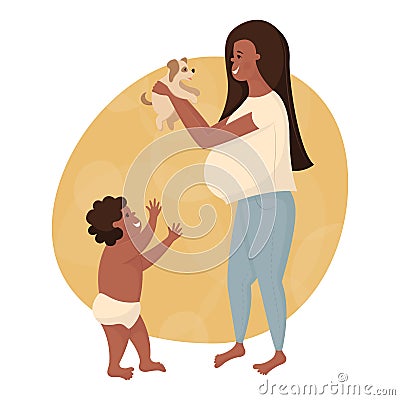 Happy family playing with a little puppy. Beautiful young pregnant black woman holding a small dog in her arms Vector Illustration