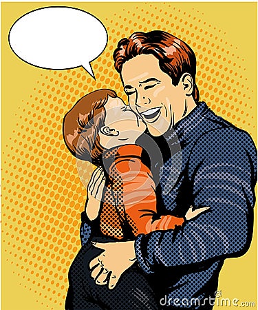 Happy family pop art vector illustration. Father with son retro style concept Vector Illustration