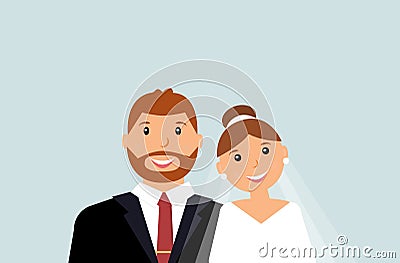 Happy family portrait: groom and bride on the light blue background Vector Illustration