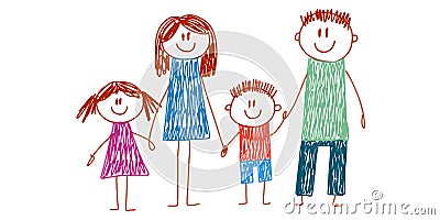 Happy family portrait. Happy family with cheerful smile. Mother, father, sister, brother. Kids drawing style. Little Vector Illustration