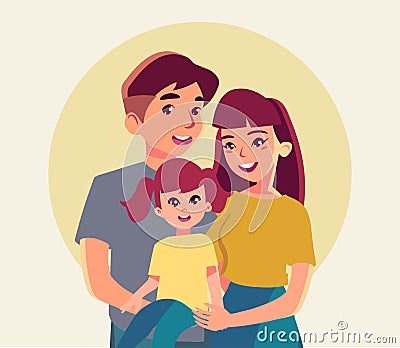 Happy family poster with mother, smiling father, little girl vector illustration in flat style. Vector Illustration