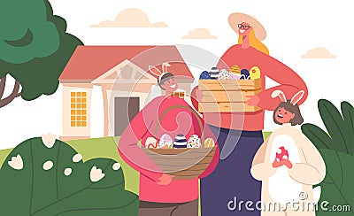 Happy Family Prepare for Easter Celebration. Mother with Children Girl and Boy Wear Rabbit Ears Holding Basket with Eggs Vector Illustration