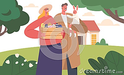 Happy Family Prepare for Easter Holiday Celebration. Young Parents Couple with Baby on Hands Holding Box with Eggs Vector Illustration