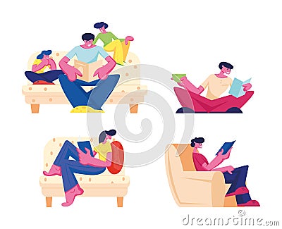 Happy Family Reading Hobby Home Spare Time Set Isolated on White Background. Male and Female Characters and Kids Vector Illustration