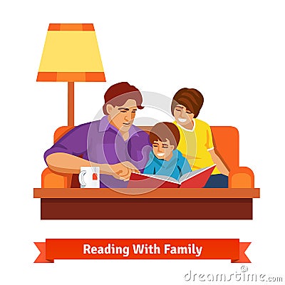 Happy family reading together. Mother, father, son Vector Illustration
