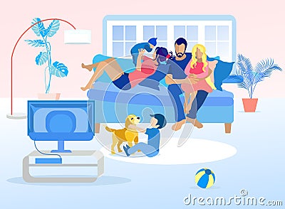 Happy Family Resting on Weekend at Home Cartoon Vector Illustration