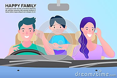 Happy family ride in the car. Father, mother, son. Vector flat style. Vector Illustration