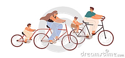 Happy family riding Adult and Child bikes. Parent with children driving bicycles together. Mother, father and kids Vector Illustration