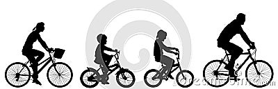 Happy family riding bicycle together, silhouette. Stock Photo