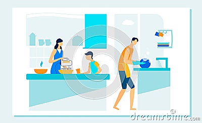 Happy Family Routine on Kitchen. Leisure, Duties. Vector Illustration