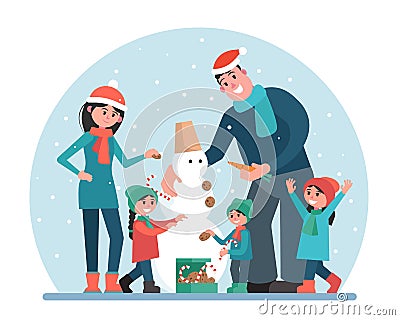 Happy family sculpt and decorate a snowman. Parents and children outdoors in a snowfall. Vector Illustration