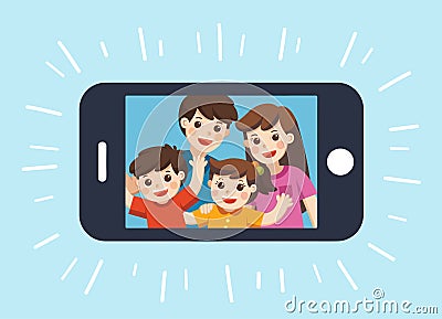 Happy family selfie photo on smartphone display. Selfie photo with Mother, father, son, daughter. Vector Illustration