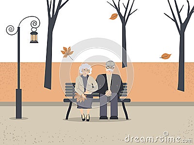 Happy family seniors in autumn park. Cute smiling elderly man and woman are sitting on bench in park. Retired elderly couple in Vector Illustration