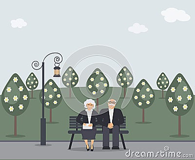 Happy family seniors: cute smiling elderly man and woman with clutch bag are sitting on bench in park. Retired elderly couple in Vector Illustration