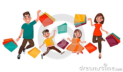 Happy family shopping. Mother, father, son and daughter are jump Cartoon Illustration