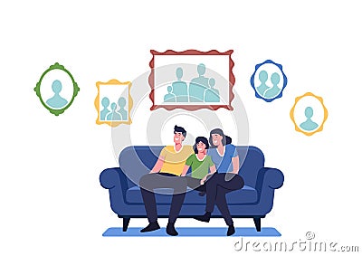 Happy Family Sitting on Couch in Living Room with Pictures Hanging on Wall. Mother, Father and Child Characters at Home Vector Illustration
