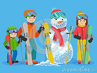 Happy family skiers with snowman. Vector illustration winter sport concept. Vector Illustration