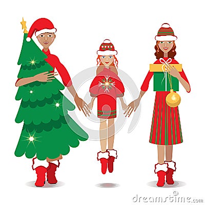 Happy family smiling together, holding hands, Christmas holiday Vector Illustration