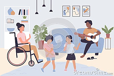 Happy family spend fun time at home together, father playing guitar, mother in wheelchair Vector Illustration