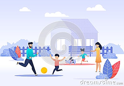 Happy Family Spending Time on Backyard Cartoon Vector Illustration