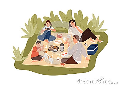 Happy family spending time outdoors at picnic together. Parents and children enjoying food, playing with dog and having Vector Illustration