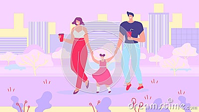 Parents with Daughter on Evening Walk in City Vector Illustration