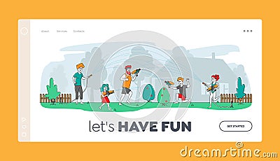 Happy Family Splashing with Water in Summer Landing Page Template. Characters on Back Yard Shooting with Toy Water Guns Vector Illustration
