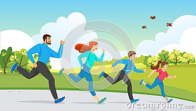 Happy Family Sport Activity. Running Exercise Vector Illustration