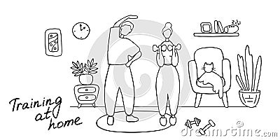 Happy family sport activity. Wife and husband doing morning exercising at home. Man and woman fitness workout exercise. Linear Vector Illustration