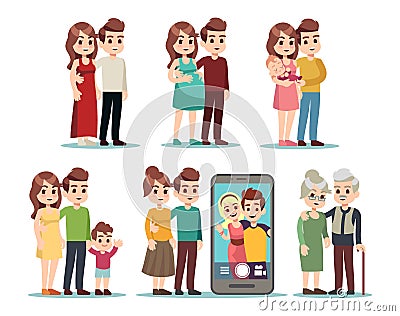 Happy family stages. Cartoon kid parents, young mom father and baby. Isolated pregnant woman, video call with son. Male Vector Illustration