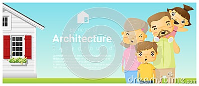 Happy family standing outside their house background Vector Illustration