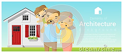 Happy family standing outside their house background Vector Illustration