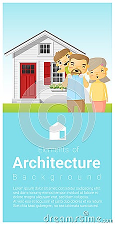 Happy family standing outside their house background Vector Illustration