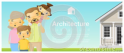 Happy family standing outside their house background Vector Illustration