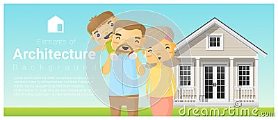 Happy family standing outside their house background Vector Illustration