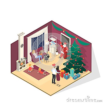 Happy family standing in room and greeting Santa Claus Vector Illustration