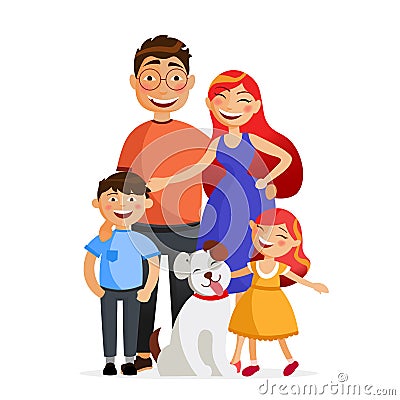 Happy family are standing together in hug. Father, mother, son, daughter and dog. Family flat vector illustration Vector Illustration