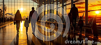 Happy family with suitcases walking through the airport terminal towards their gate. Stock Photo