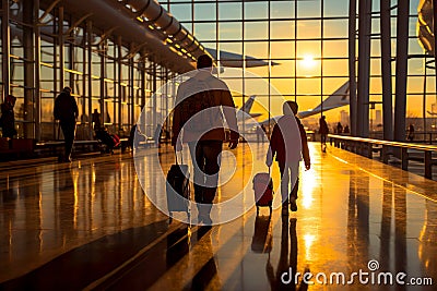 Happy family with suitcases walking through the airport terminal towards their gate. Stock Photo