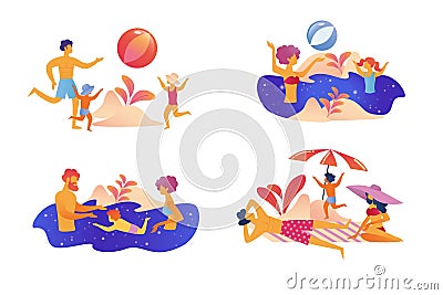 Happy Family Summer Vacation Set Isolated on White Vector Illustration