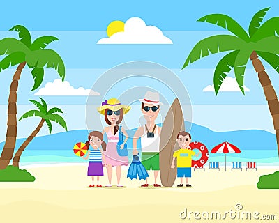Happy family summer vacation on the tropical beach vector Vector Illustration