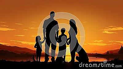 Happy family on sunset background, silhouettes of people and dogs, beagle and belgian shepherd malinois Stock Photo