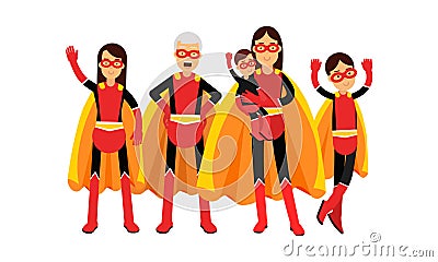 Happy Family of Superheros Waving Hands Vector Illustration Vector Illustration