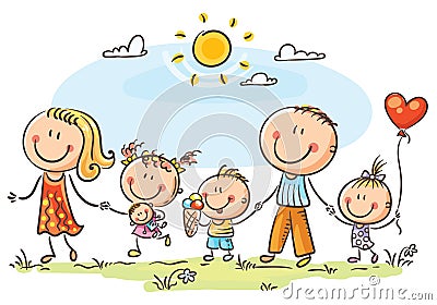 Happy family with three children walking outdoors Vector Illustration