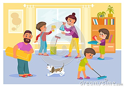 Happy family tidying up room. Children helping parents. Mom and son cleaning windows. Boy mopping floor. Father washing Vector Illustration